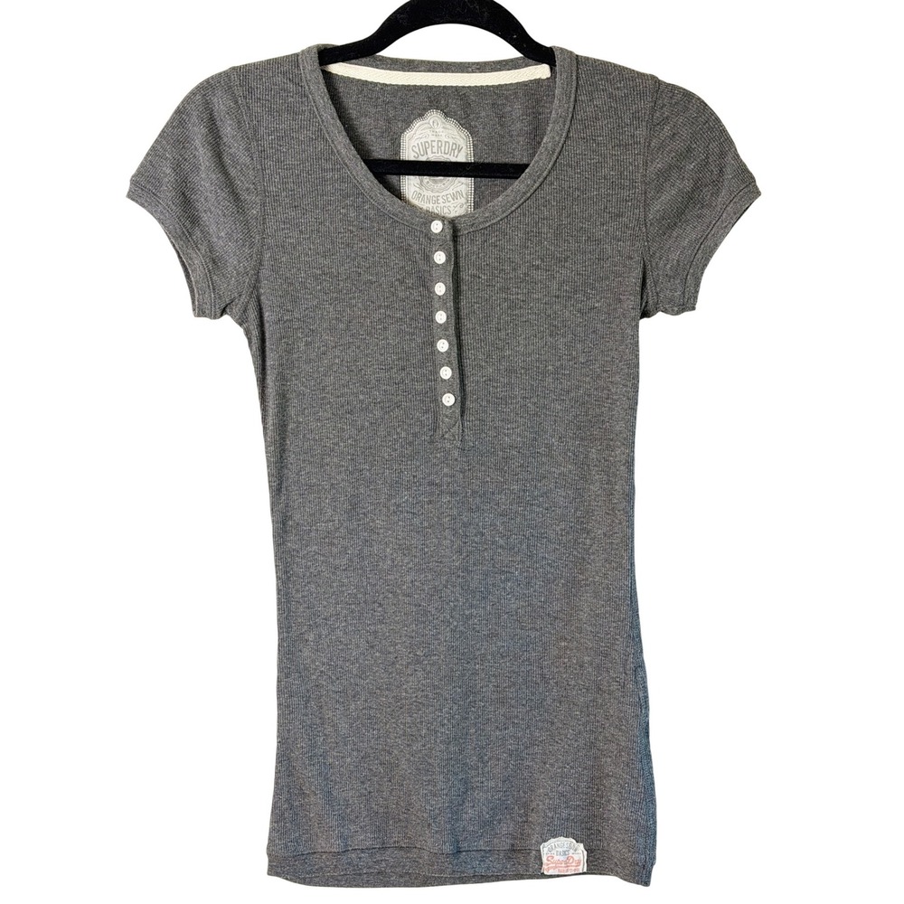 Superdry Vintage Gray Ribbed Henley Top Fitted Button Front Y2K Basic